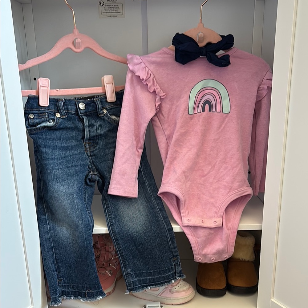 Pink Rainbow Bodysuit and Denim Jeans Set